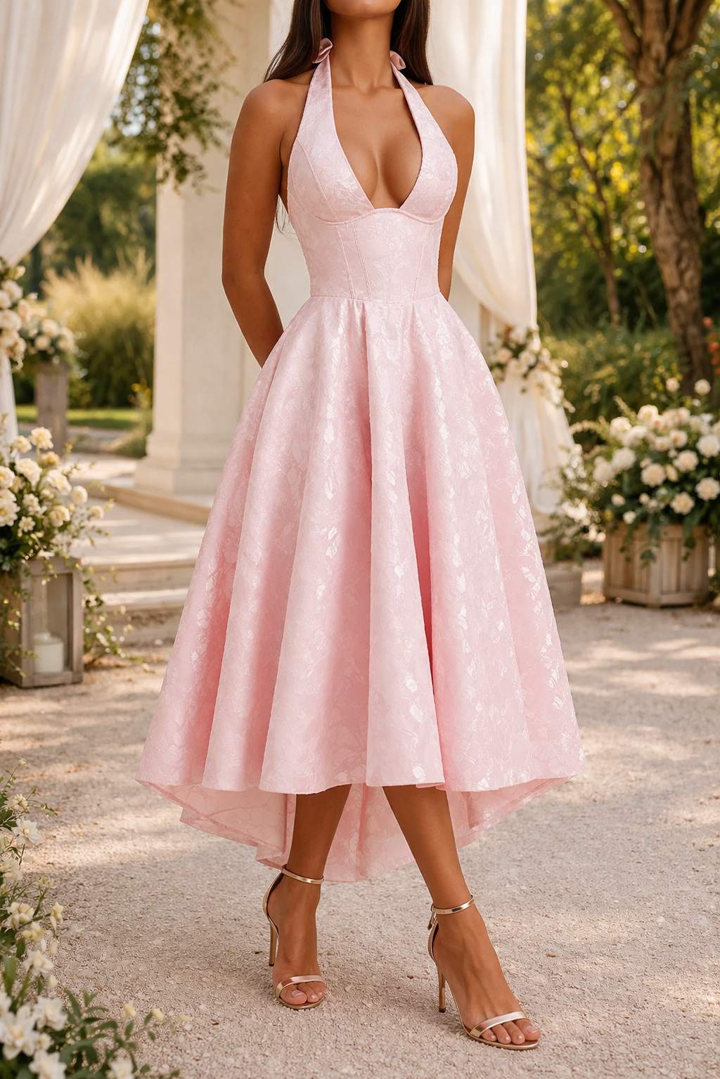 Jacquard Halter Neck Midi Dress for Women | Wedding and Special Occasion Wear