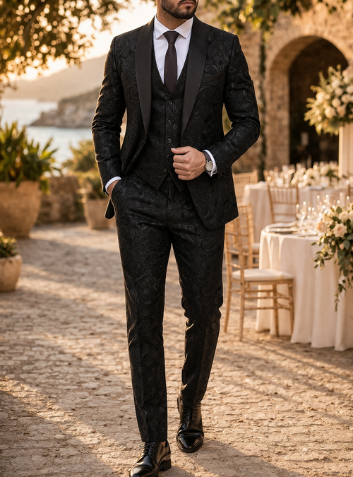 Black and White Patterned Shawl Lapel Three Piece Suit for Men | Wedding Wear