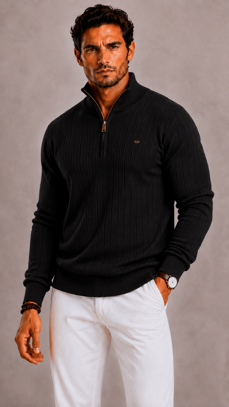 Cotton Blend Funnel Neck Zip Up Jumper for Men | Regular Fit Autumn Wear