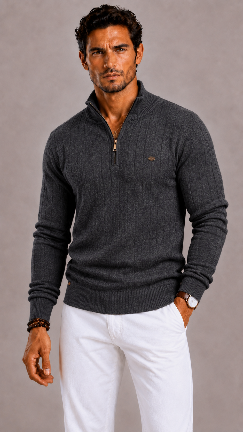 Cotton Blend Funnel Neck Zip Up Jumper for Men | Regular Fit Autumn Wear