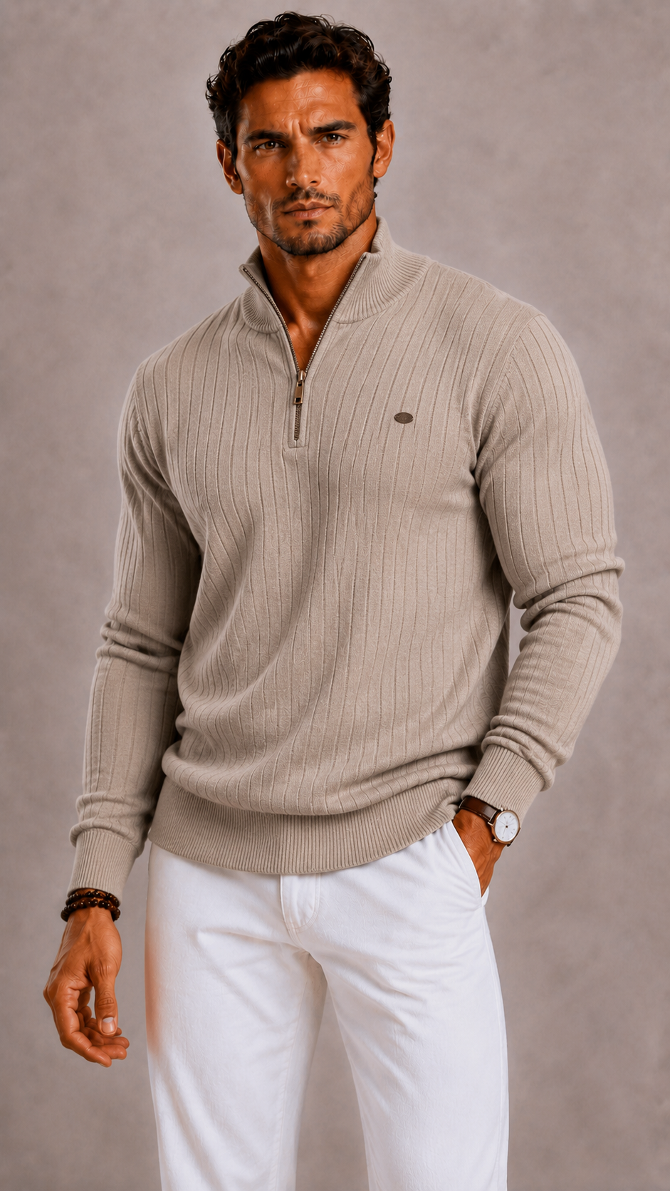Cotton Blend Funnel Neck Zip Up Jumper for Men | Regular Fit Autumn Wear