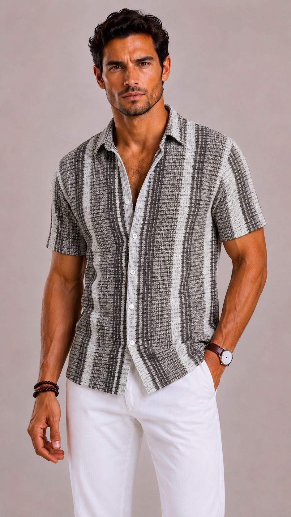 Coffee Black Striped Polyester Short Sleeve Shirt for Men | Summer Holiday