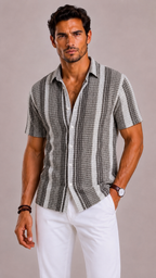 Coffee Black Striped Polyester Short Sleeve Shirt for Men | Summer Holiday