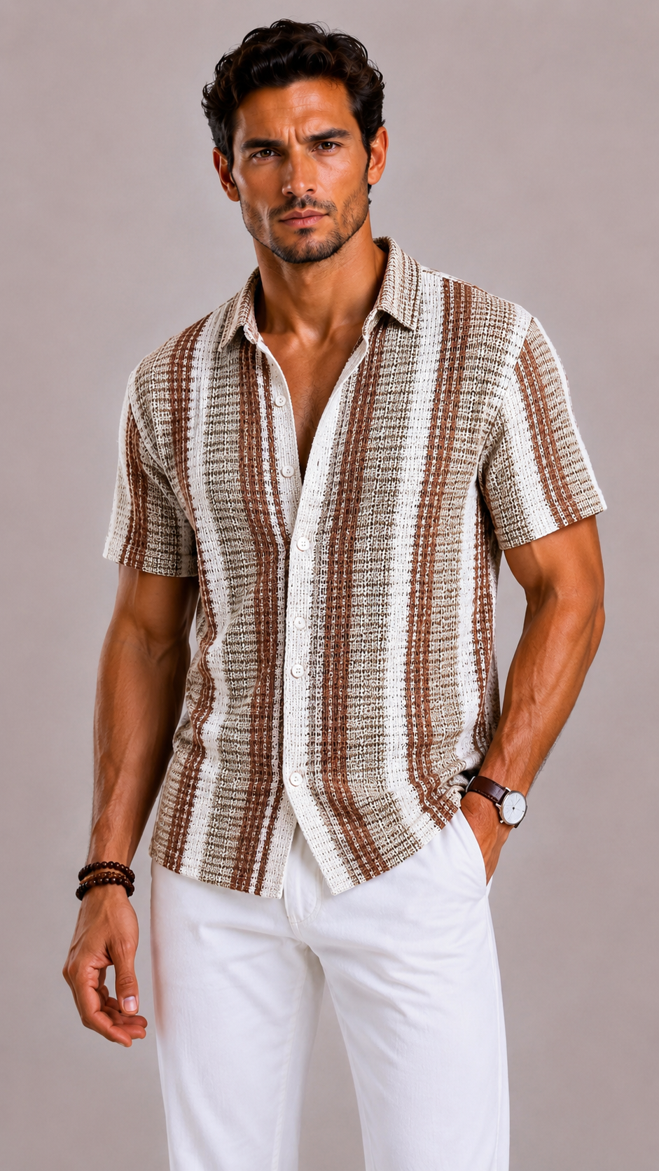 Coffee Black Striped Polyester Short Sleeve Shirt for Men | Summer Holiday