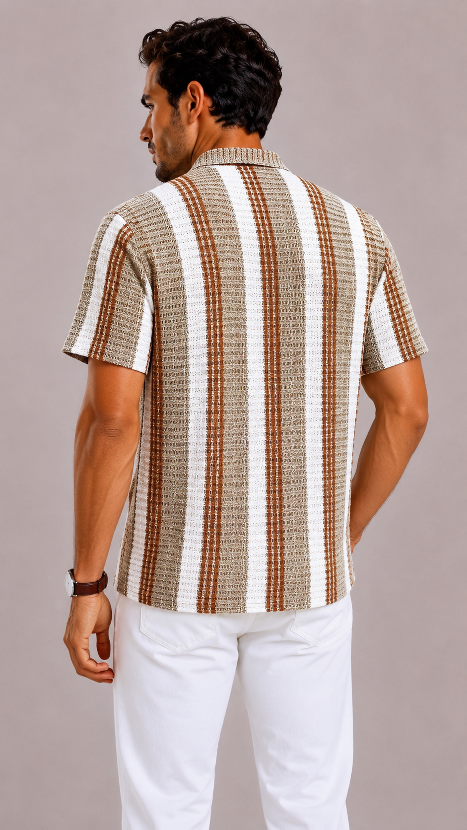Coffee Black Striped Polyester Short Sleeve Shirt for Men | Summer Holiday
