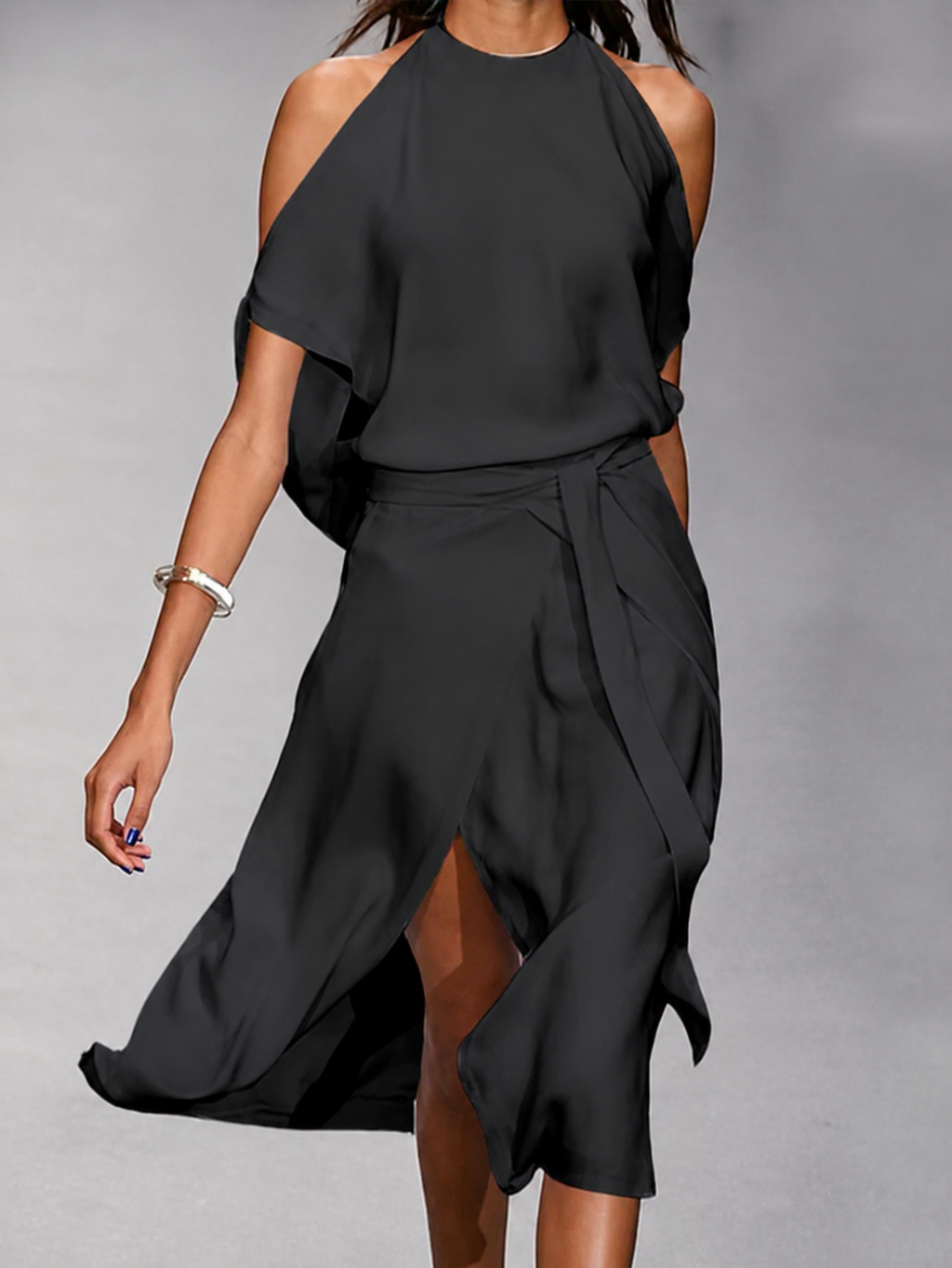 Asymmetric Open Shoulder Tie Waist Midi Dress for Women | Occasion Wear