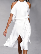 Asymmetric Open Shoulder Tie Waist Midi Dress for Women | Occasion Wear