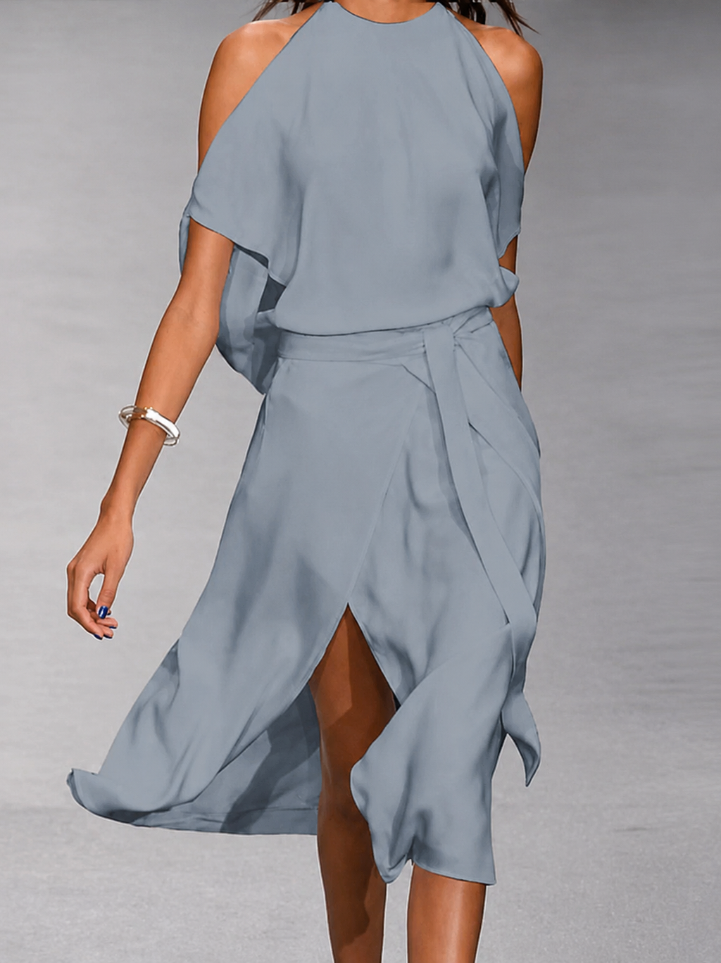 Asymmetric Open Shoulder Tie Waist Midi Dress for Women | Occasion Wear