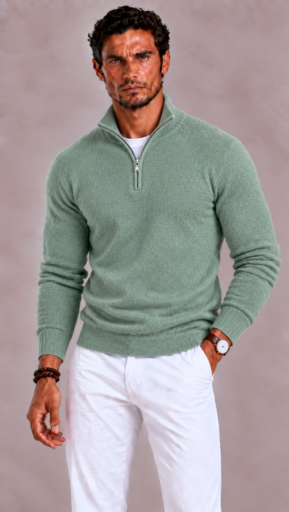 Merino Wool V Neck Zip Jumper with Relaxed Fit for Men | Autumn Knitwear