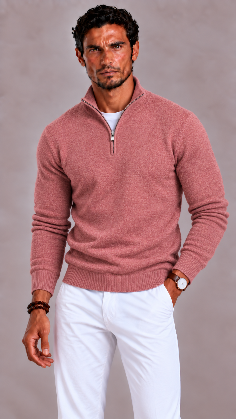 Merino Wool V Neck Zip Jumper with Relaxed Fit for Men | Autumn Knitwear