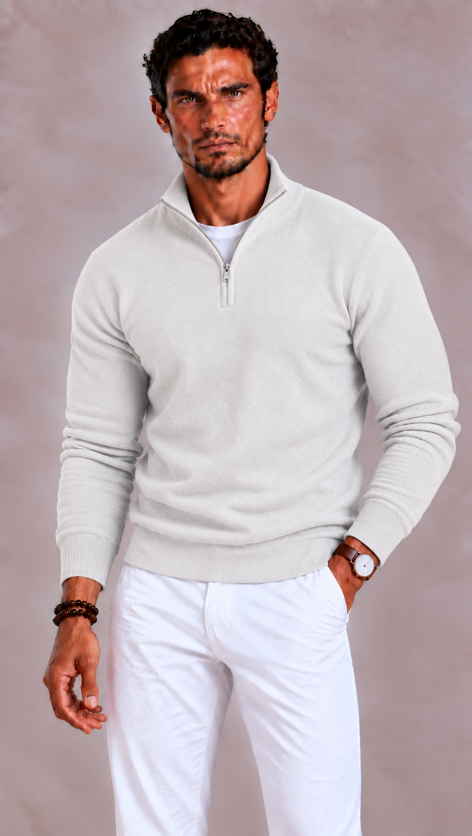 Merino Wool V Neck Zip Jumper with Relaxed Fit for Men | Autumn Knitwear