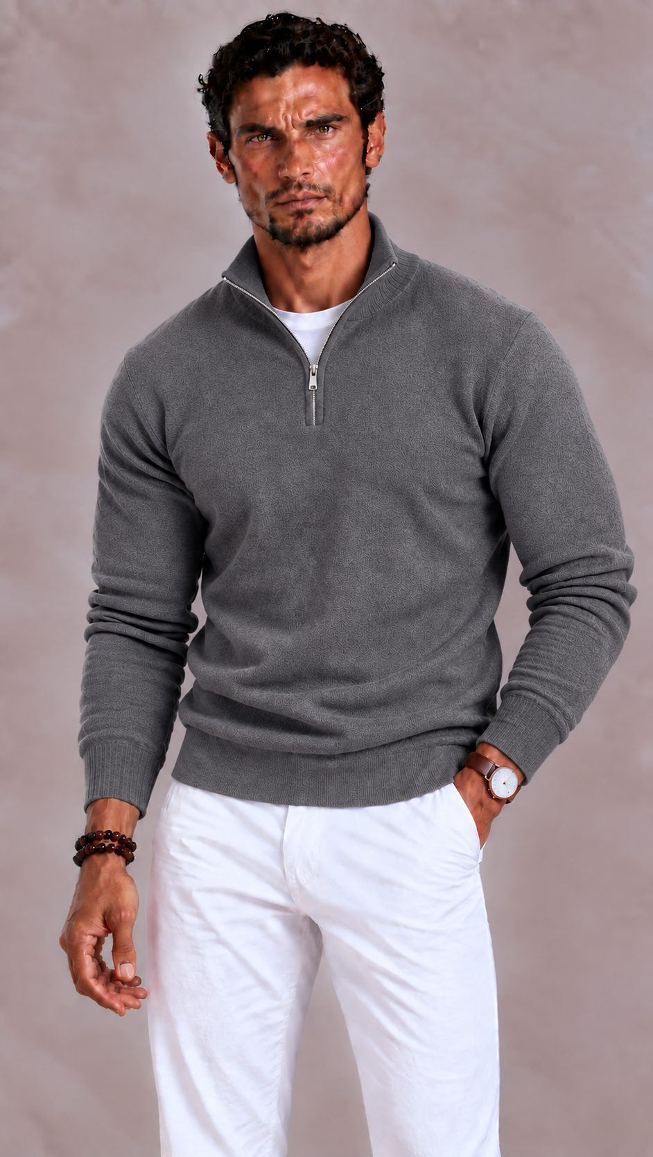 Merino Wool V Neck Zip Jumper with Relaxed Fit for Men | Autumn Knitwear