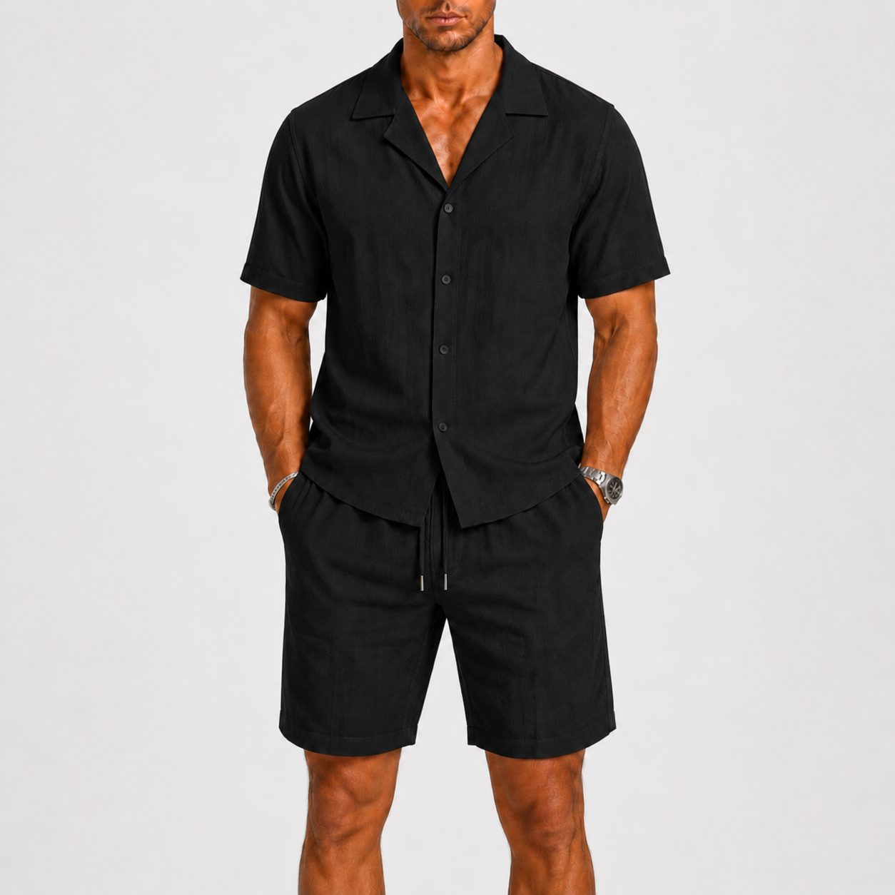 Linen Camp Collar Shirt and Shorts Set for Men | Summer