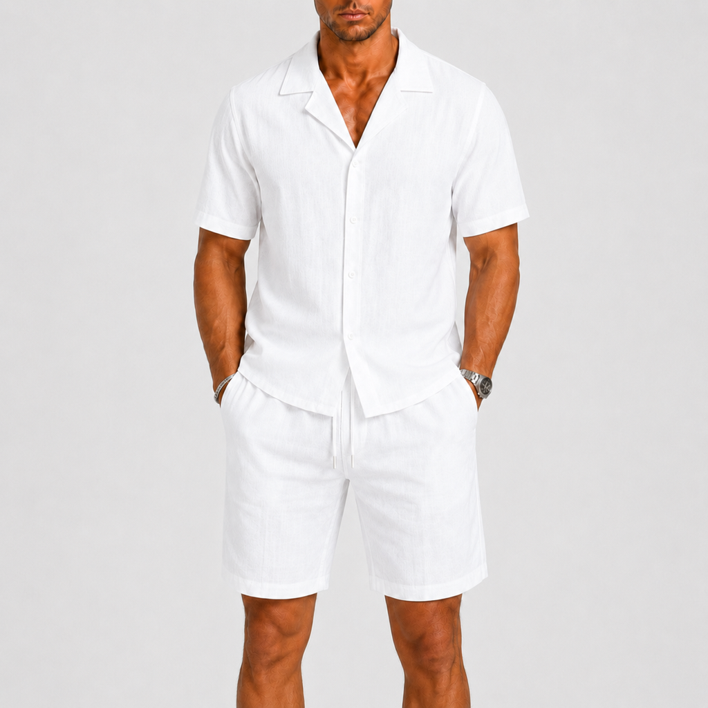Linen Camp Collar Shirt and Shorts Set for Men | Summer
