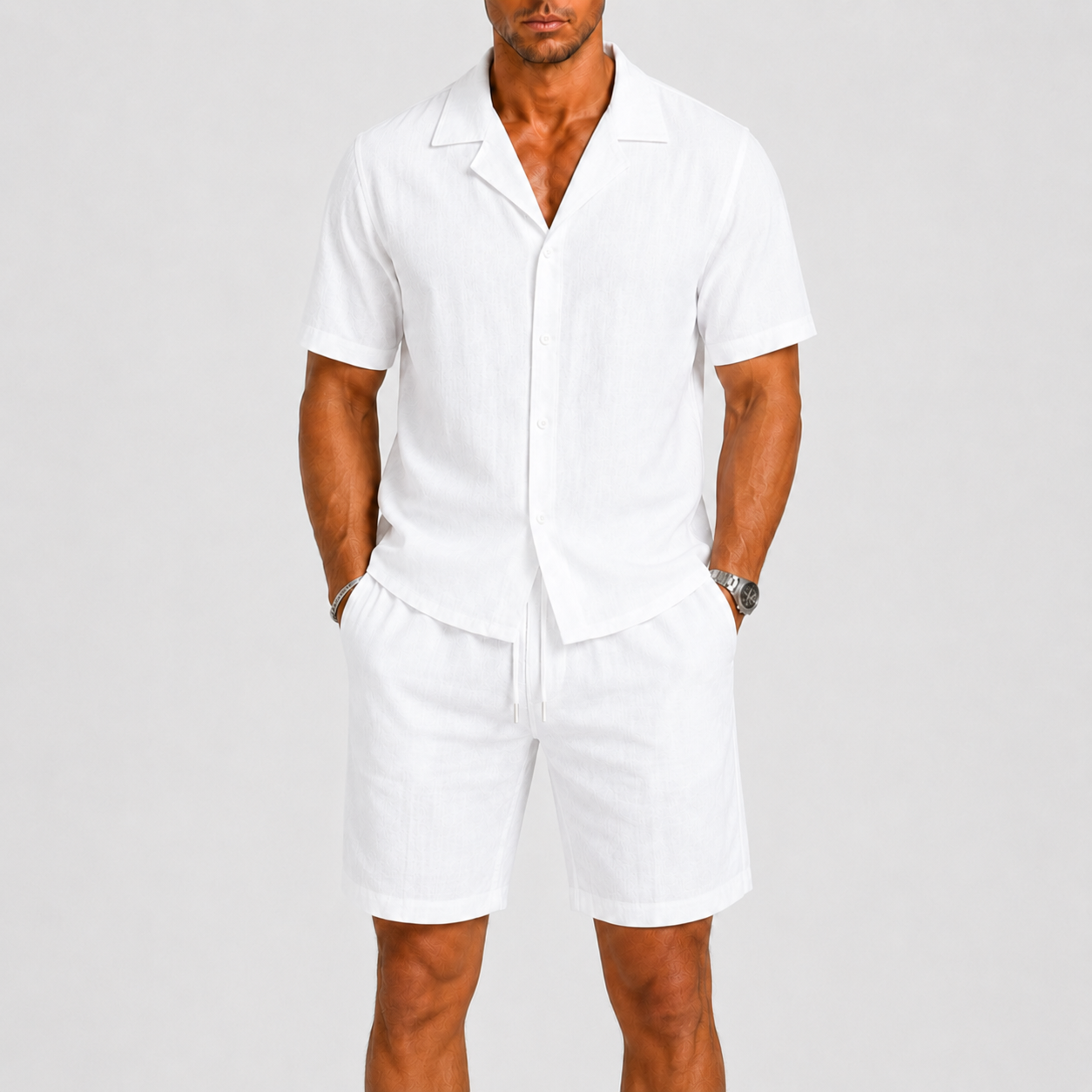 Linen Camp Collar Shirt and Shorts Set for Men | Summer