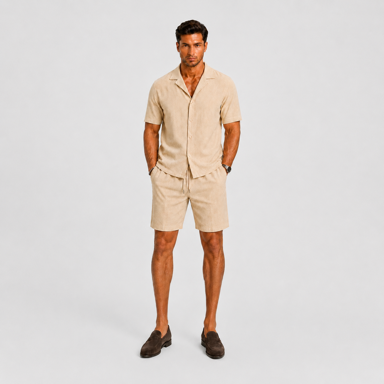 Linen Camp Collar Shirt and Shorts Set for Men | Summer