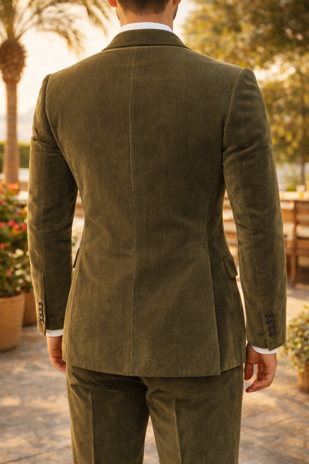 Olive Green Corduroy Double Breasted Peak Lapel Blazer for Men | Formal Wear