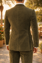 Olive Green Corduroy Double Breasted Peak Lapel Blazer for Men | Formal Wear
