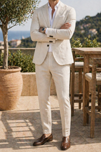 Beige Linen Tailored Two Piece Suit Set for Men | Wedding Occasion Wear