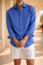 Navy Blue Linen Relaxed Fit Button Shirt for Men | Smart Casual