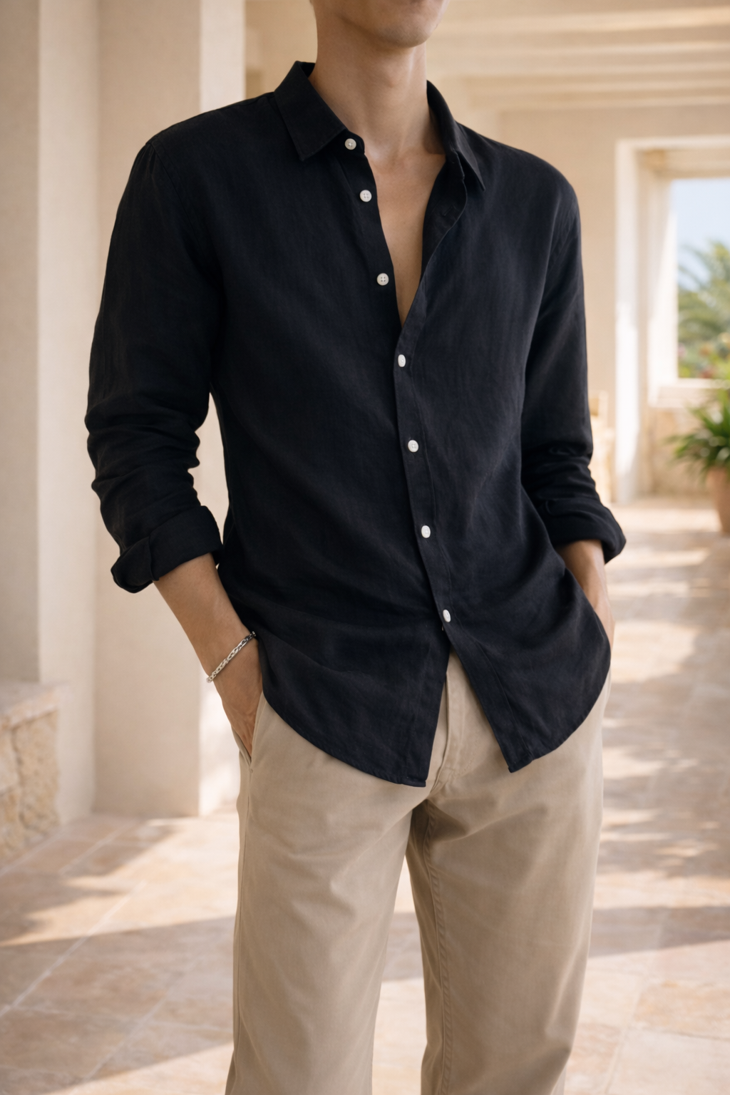 Navy Blue Linen Relaxed Fit Button Shirt for Men | Smart Casual