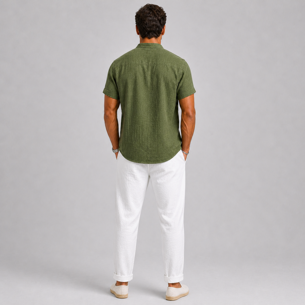 Green Linen Short Sleeve Shirt and Trouser Set for Men