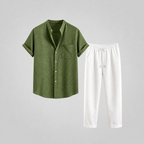 Green Linen Short Sleeve Shirt and Trouser Set for Men