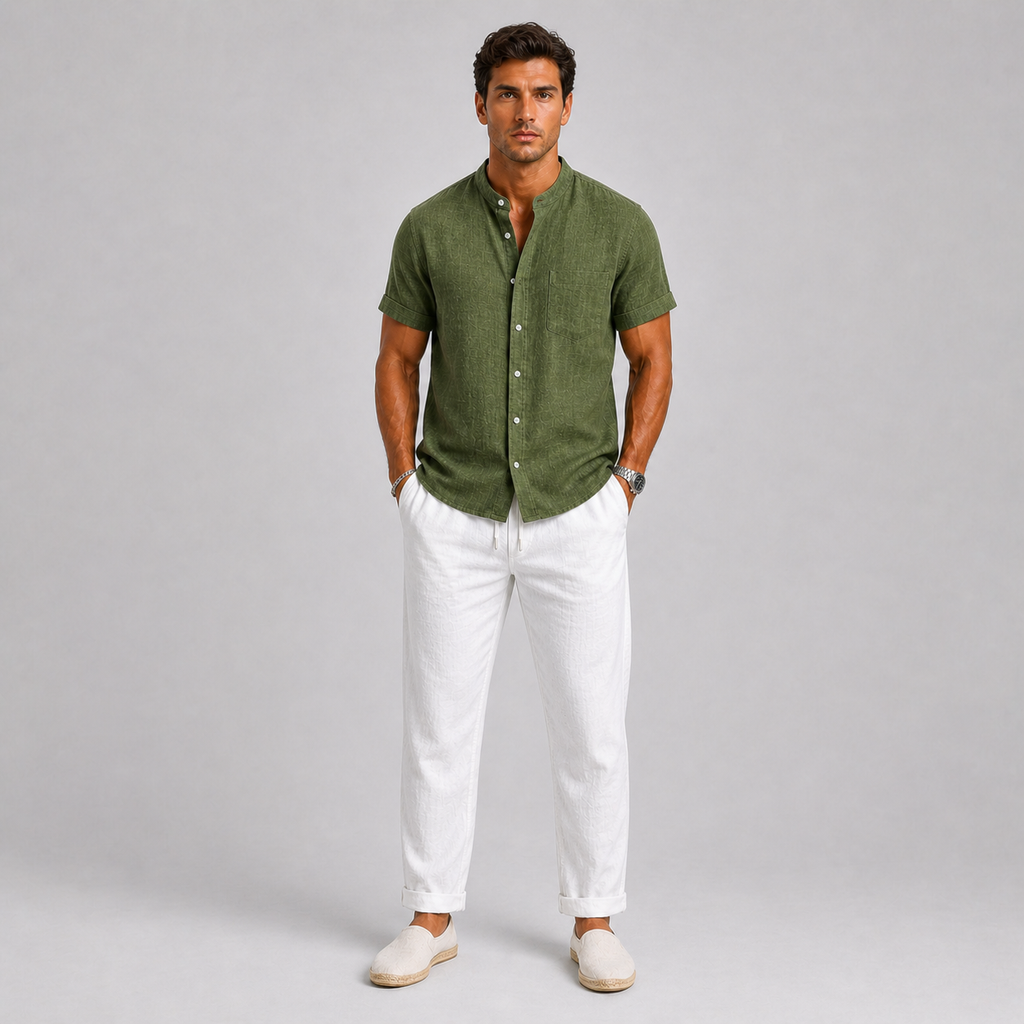 Green Linen Short Sleeve Shirt and Trouser Set for Men