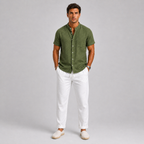 Green Linen Short Sleeve Shirt and Trouser Set for Men