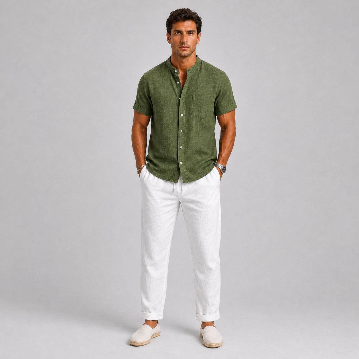Green Linen Short Sleeve Shirt and Trouser Set for Men