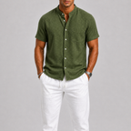 Green Linen Short Sleeve Shirt and Trouser Set for Men