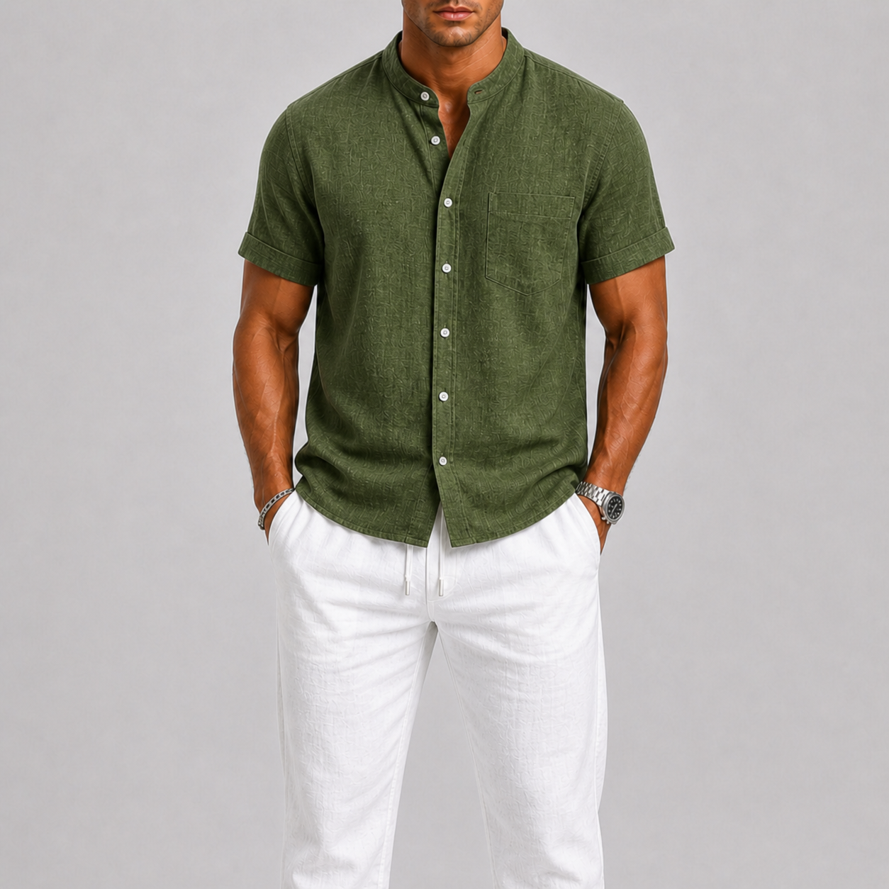 Green Linen Short Sleeve Shirt and Trouser Set for Men