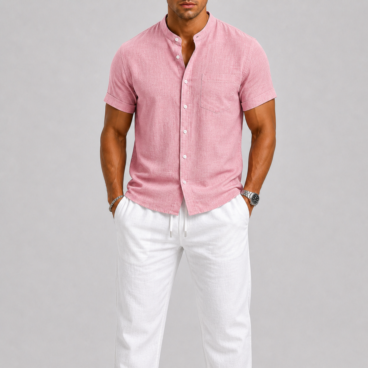 Green Linen Short Sleeve Shirt and Trouser Set for Men