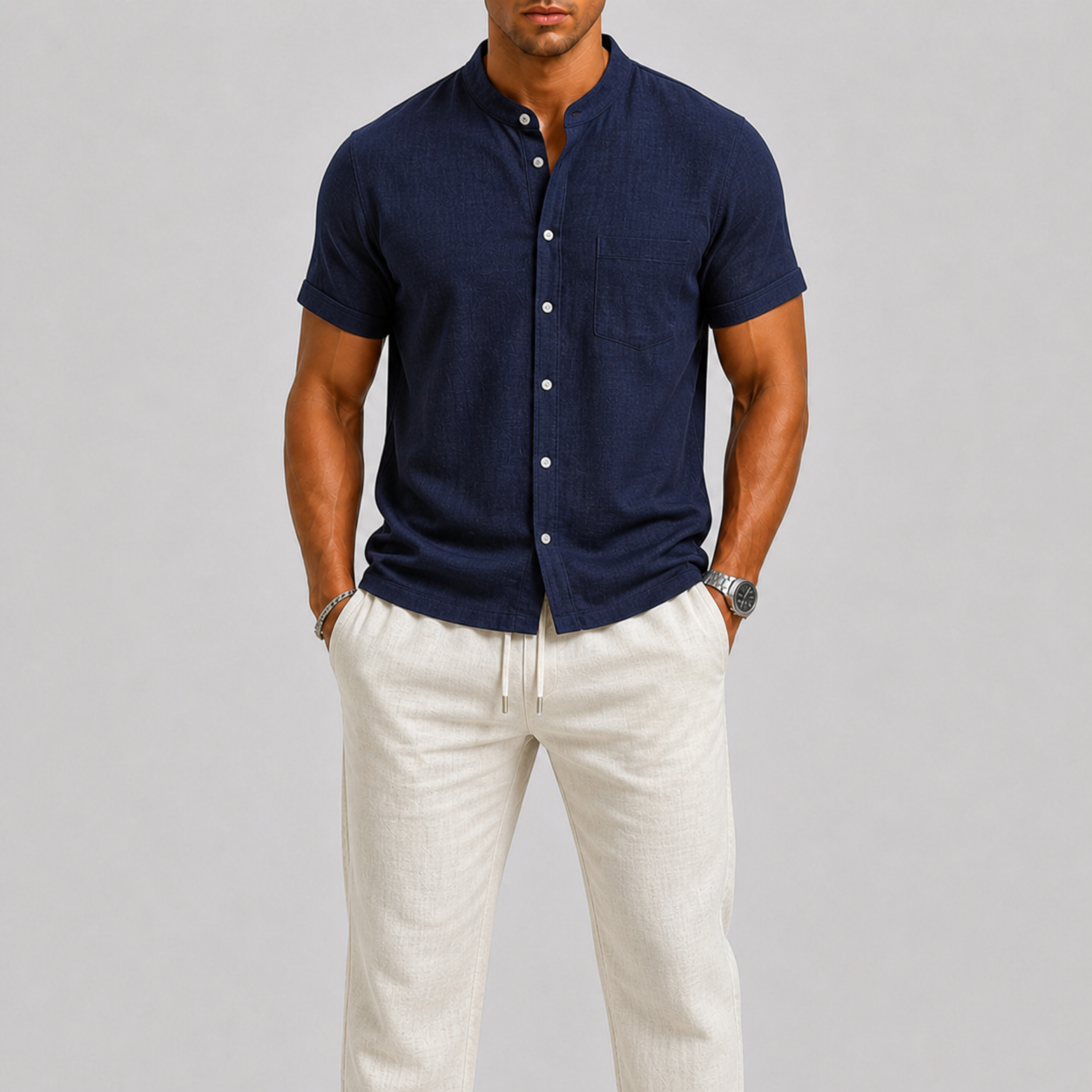 Green Linen Short Sleeve Shirt and Trouser Set for Men