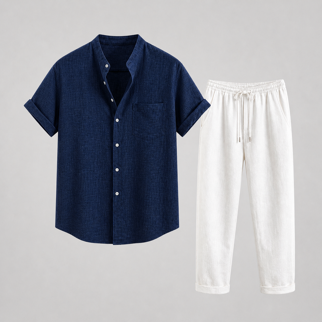 Green Linen Short Sleeve Shirt and Trouser Set for Men