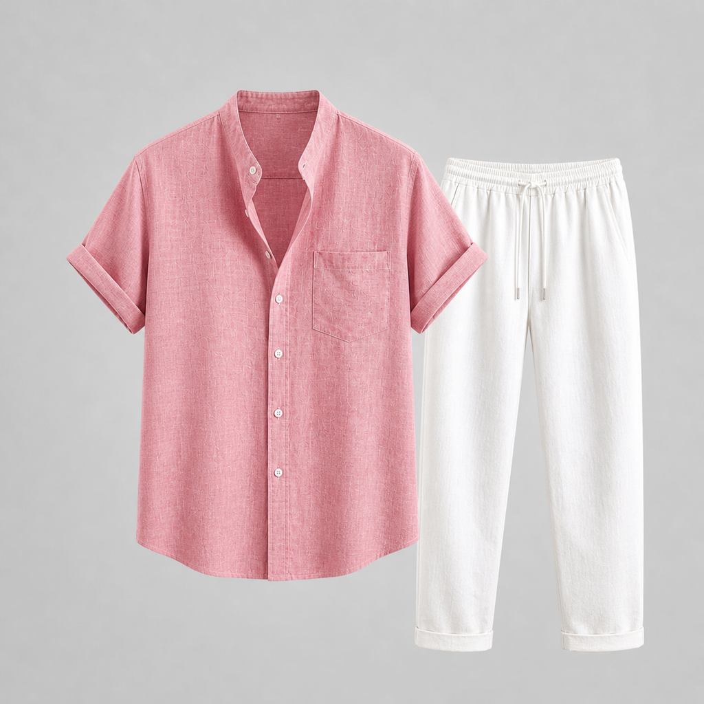 Green Linen Short Sleeve Shirt and Trouser Set for Men