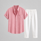 Green Linen Short Sleeve Shirt and Trouser Set for Men