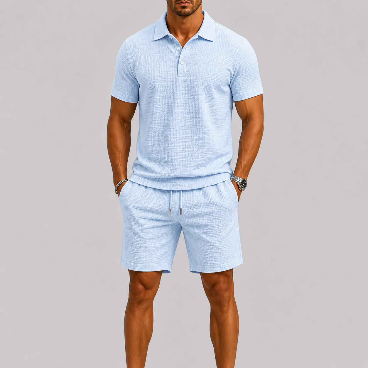 Men's Jacquard Short Sleeve Shirt and Shorts Summer Set