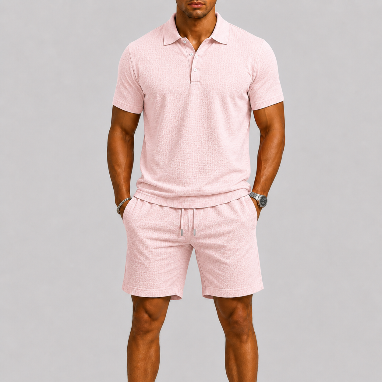 Men's Jacquard Short Sleeve Shirt and Shorts Summer Set