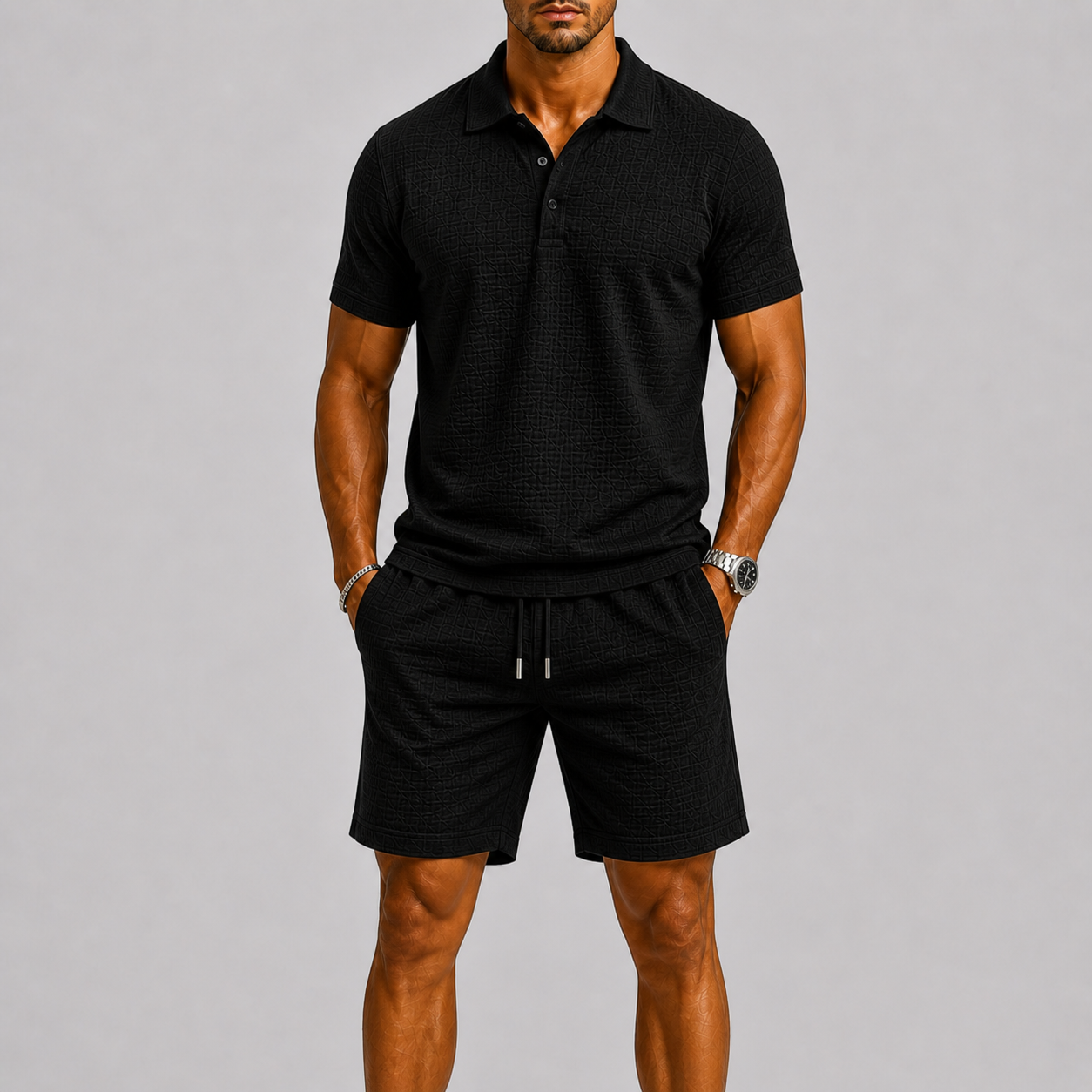 Men's Jacquard Short Sleeve Shirt and Shorts Summer Set