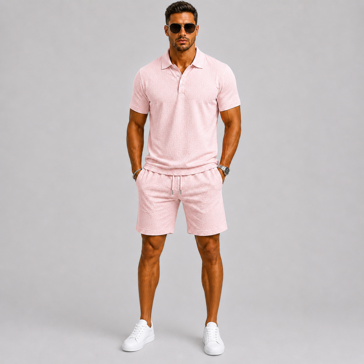 Men's Jacquard Short Sleeve Shirt and Shorts Summer Set