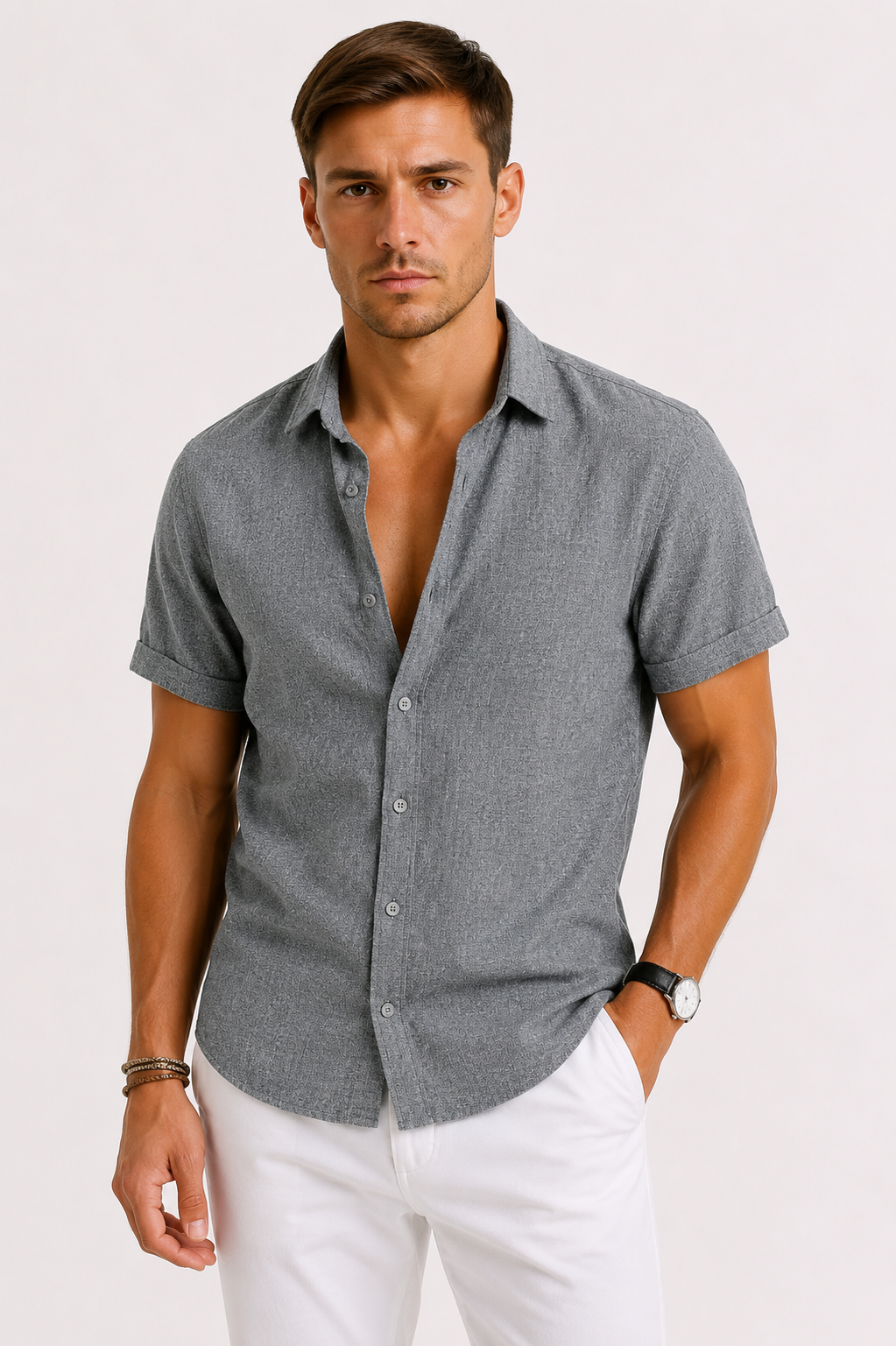 Green Linen Relaxed Fit Shirt for Men
