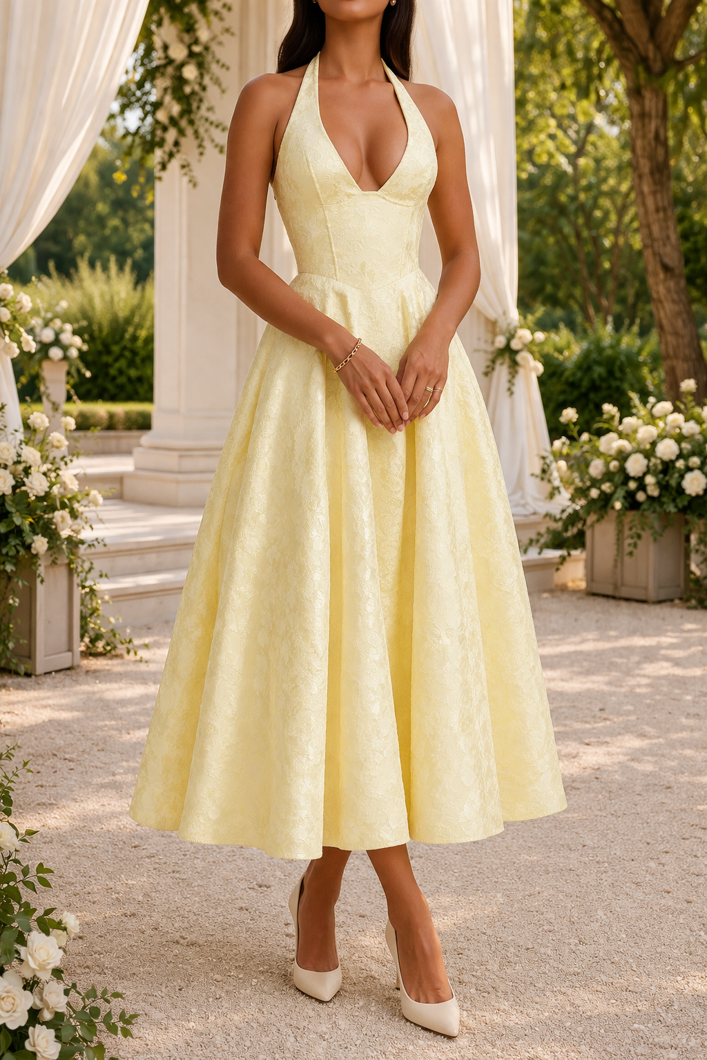 Jacquard Halter Neck Midi Dress for Women | Wedding and Special Occasion Wear