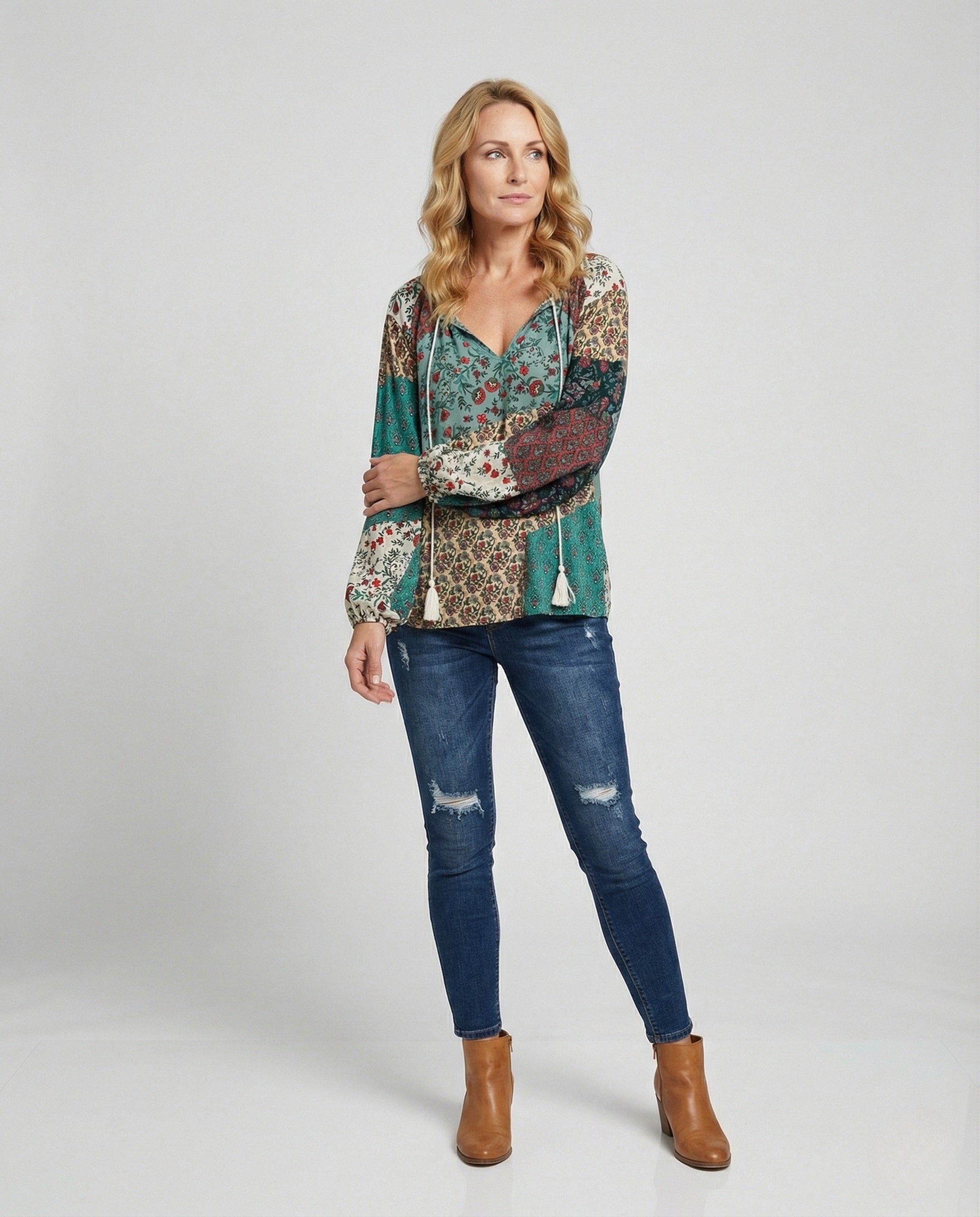 Patchwork Boho Blouse for Women | Relaxed Fit Lightweight Summer Top