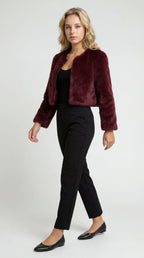 Faux Fur Short Coat with Round Neck and Straight Cut for Women