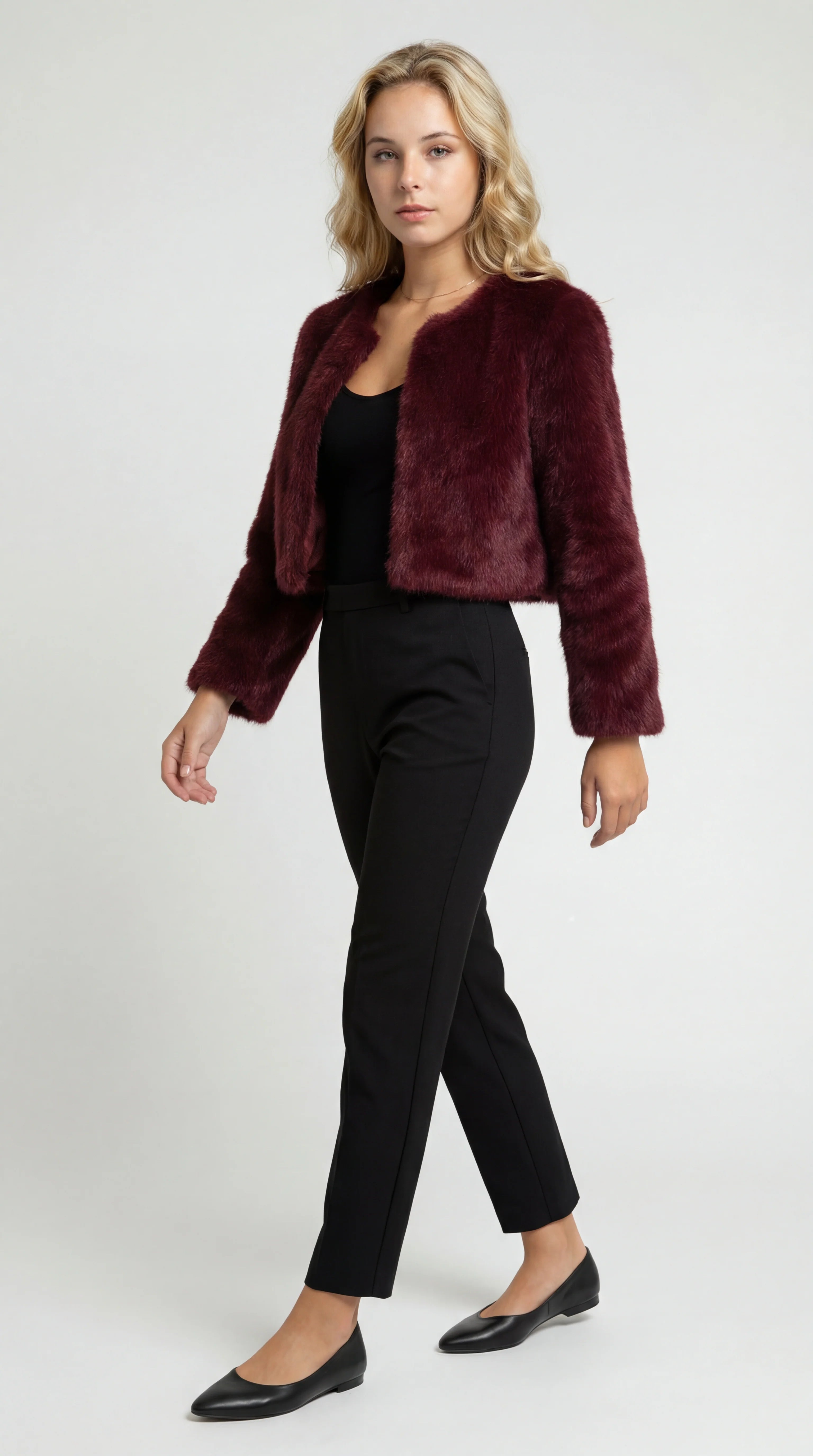 Faux Fur Short Coat with Round Neck and Straight Cut for Women