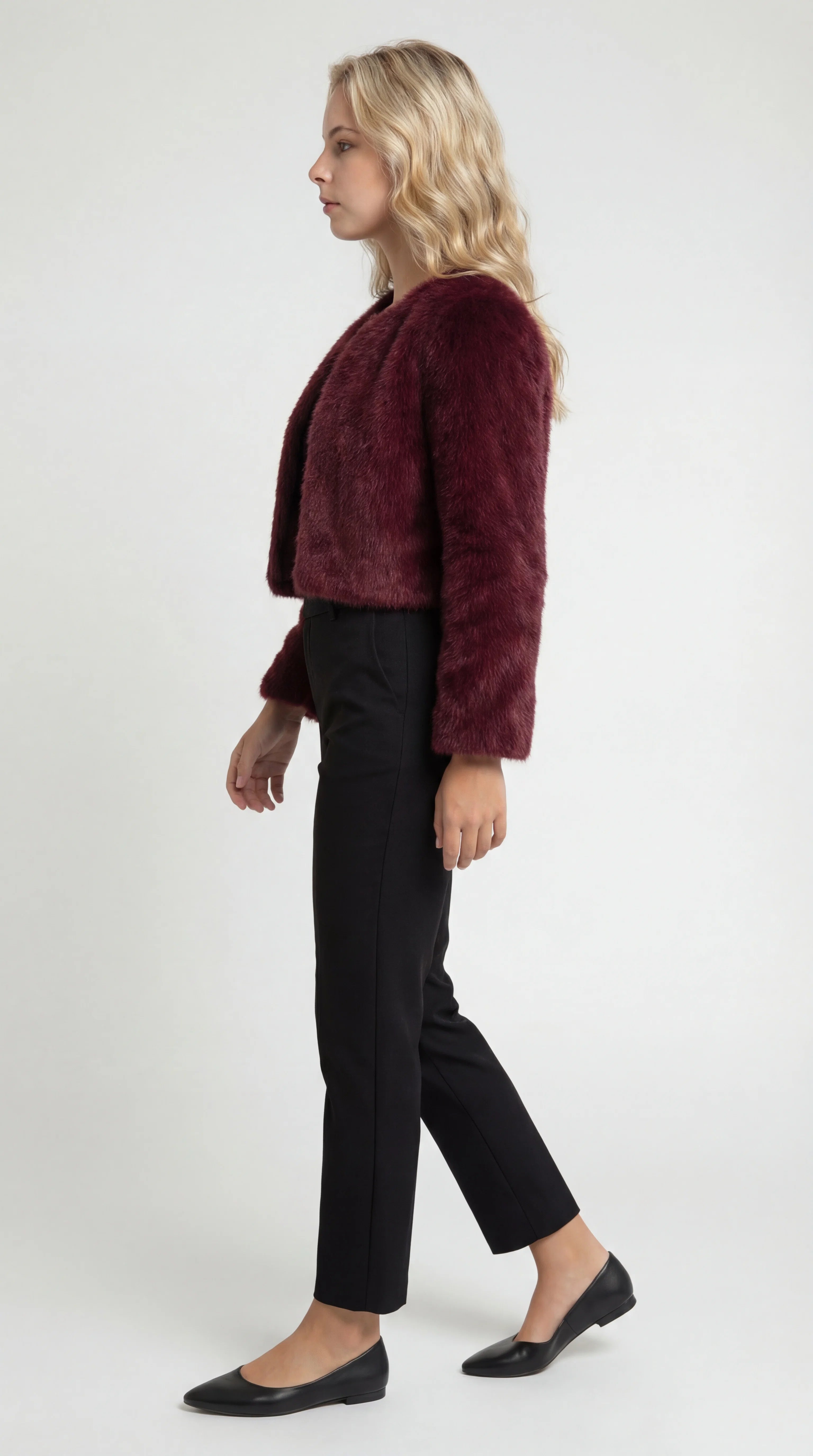 Faux Fur Short Coat with Round Neck and Straight Cut for Women