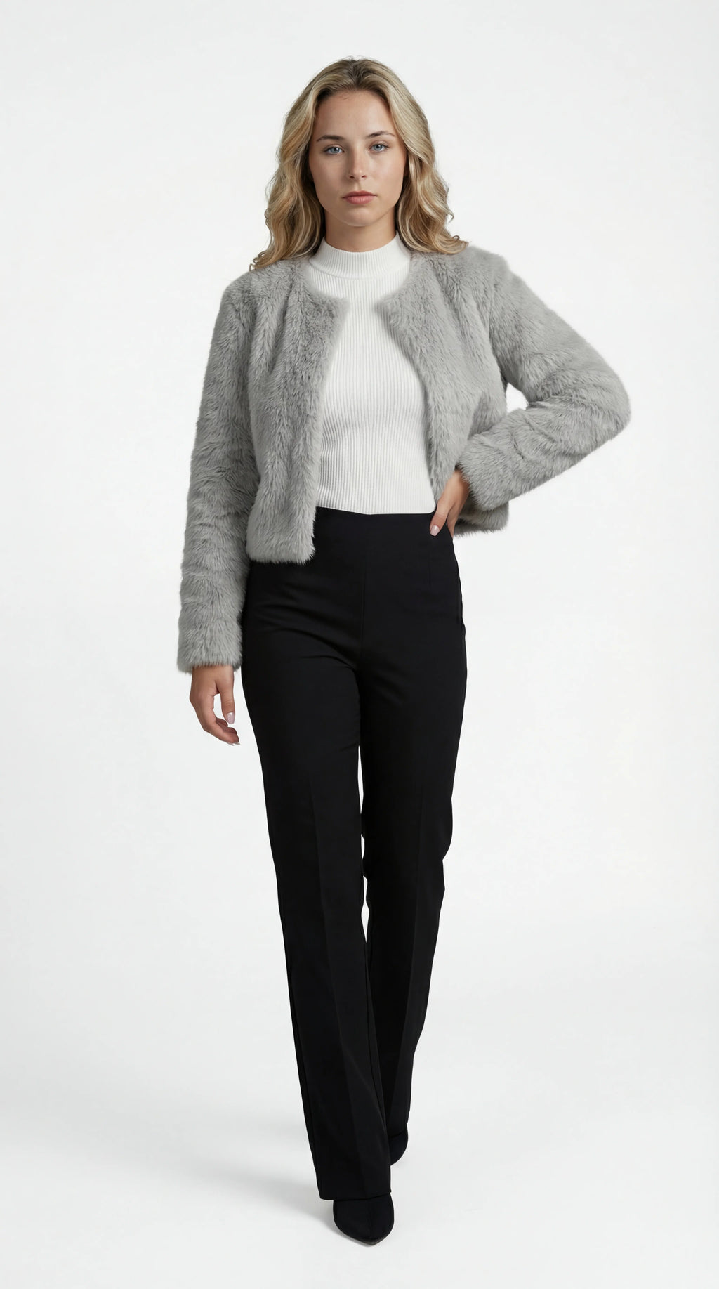 Faux Fur Short Coat with Round Neck and Straight Cut for Women