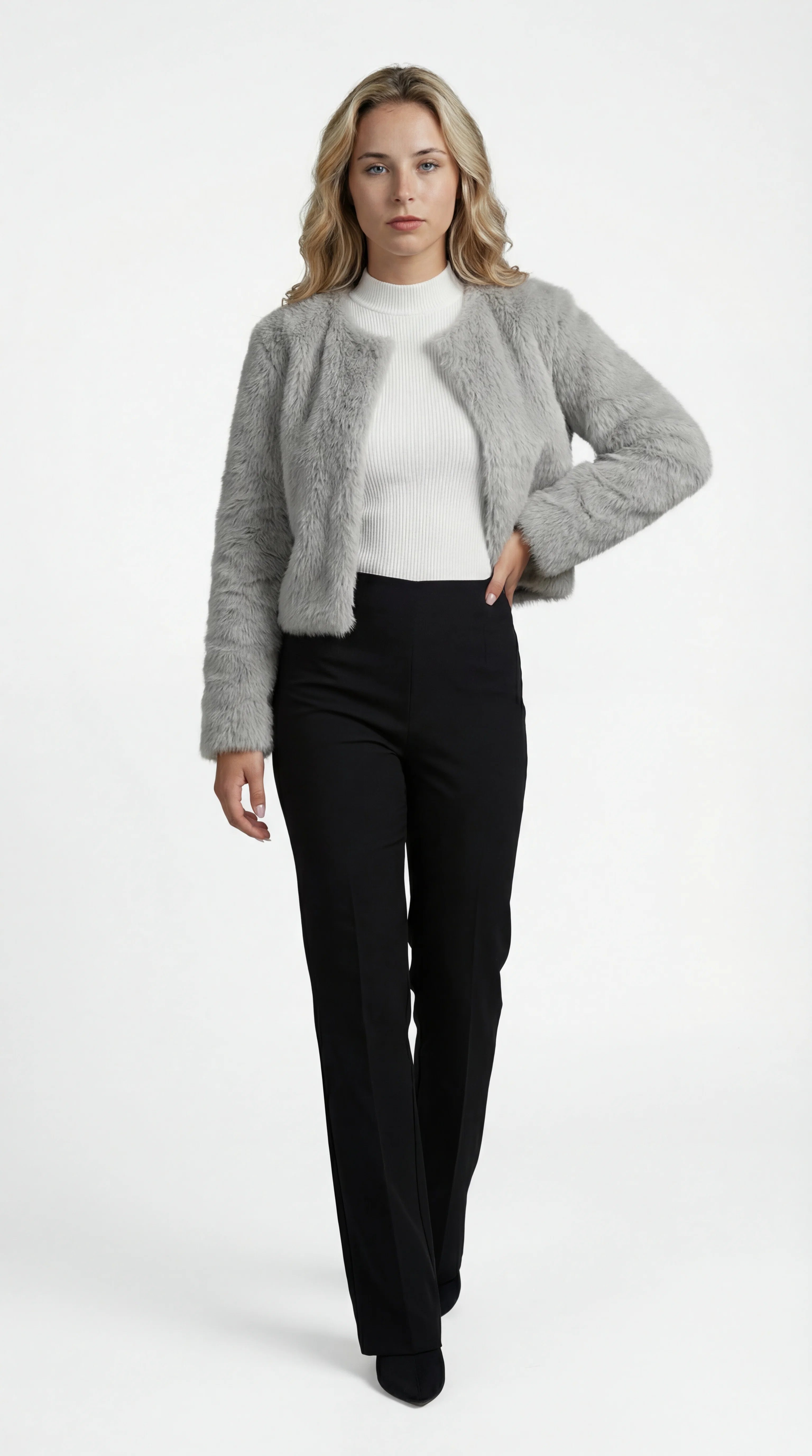 Faux Fur Short Coat with Round Neck and Straight Cut for Women