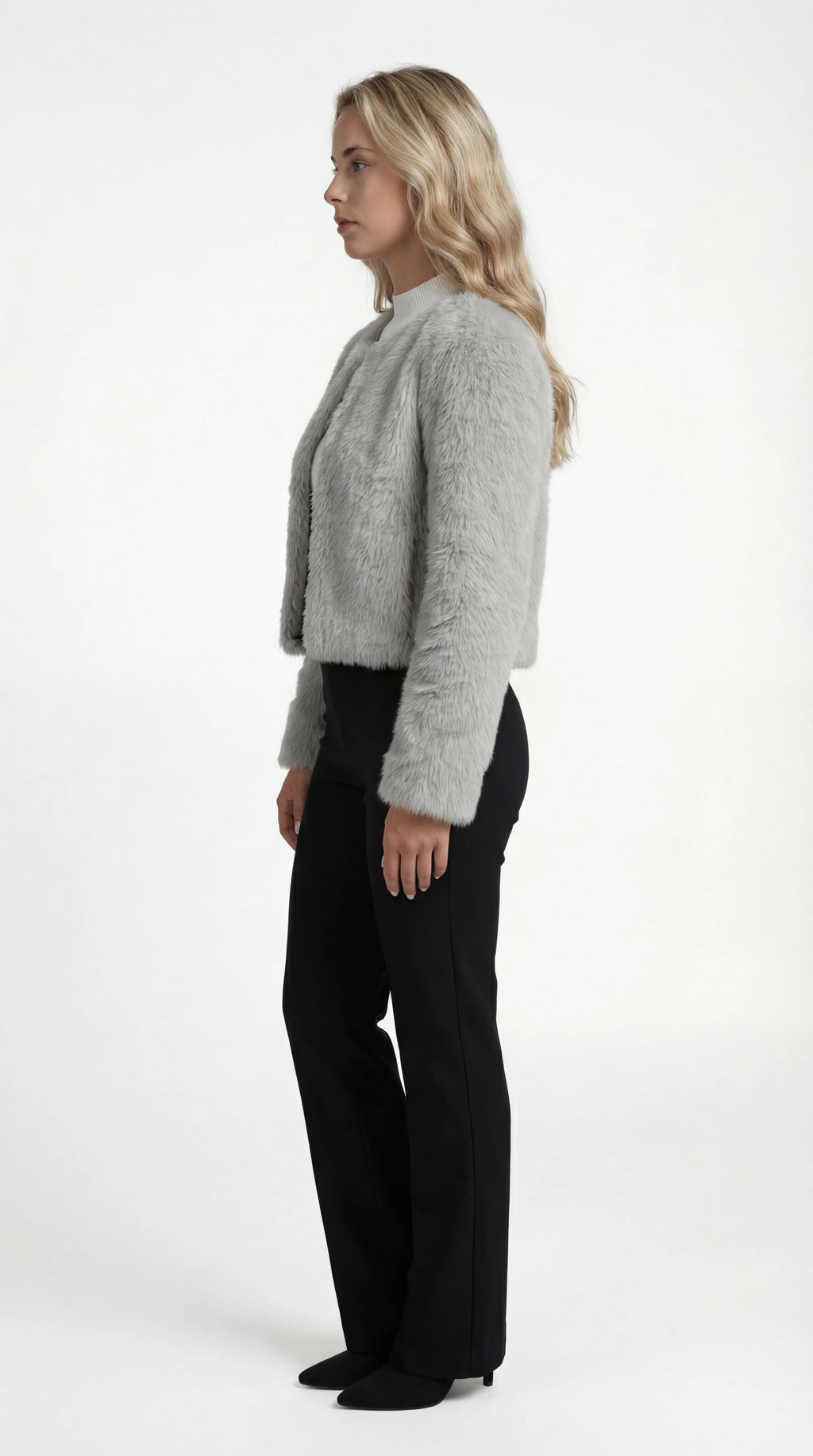 Faux Fur Short Coat with Round Neck and Straight Cut for Women